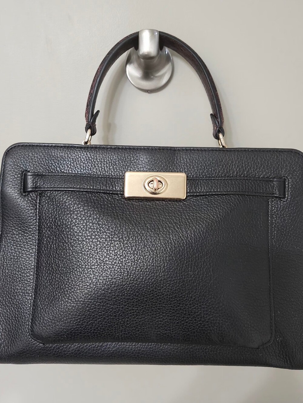 Coach Lane Carryall In Black/Burgundy Pebbled Leather With Snakeskin Handles